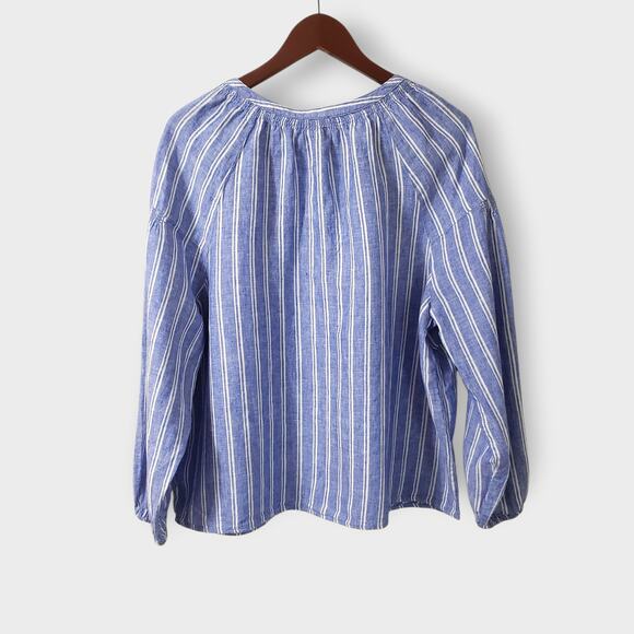 Talbots Petite Lantern Sleeve Linen Popover Top Blue Petal Stripe Sz XLP Coastal - Picture 4 of 12